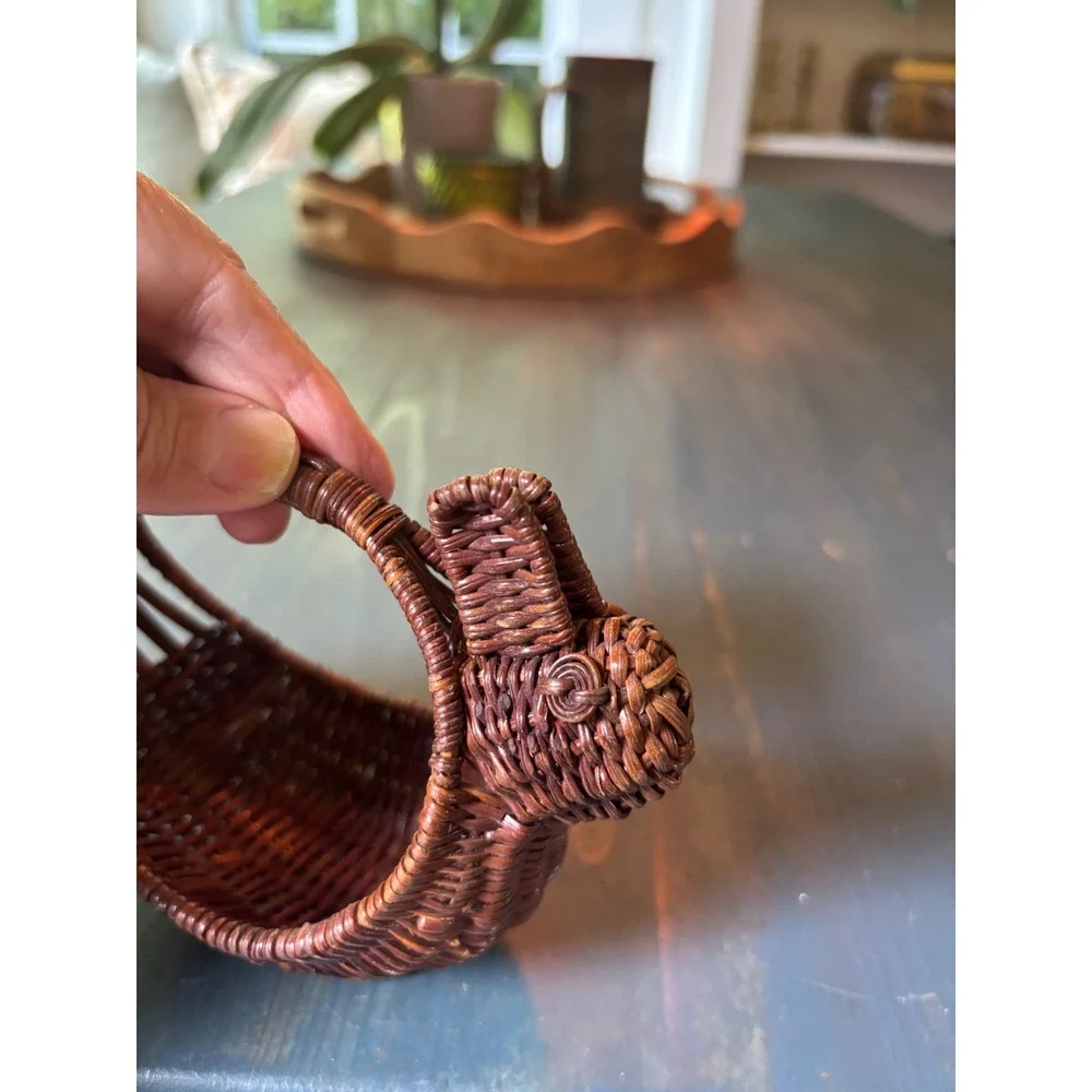 Vintage Miniature Wicker Bunny Basket Dark Brown Woven Rattan Easter Decor 5 in